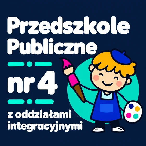 Logo Przedszkola Publicznego nr 4 z Oddziałami Integracyjnymi w Łomży: biały napis na granatowym tle, obok uśmiechnięte dziecko w berecie z pędzlem i paletą farb.